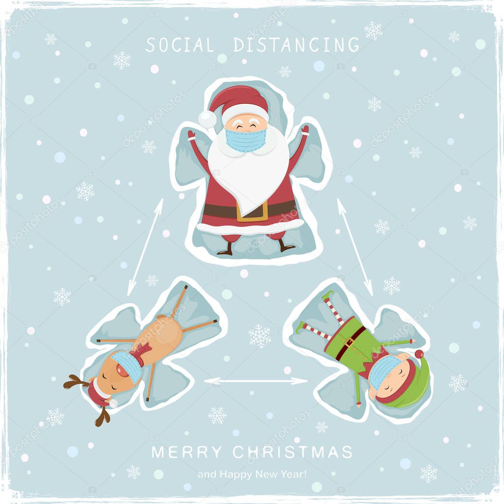 Happy Santa Claus, deer and elf make a snow angels. Lettering Social Distancing and Merry Christmas on blue snowy background. Illustration can be used for holiday design, cards, invitations, banners.