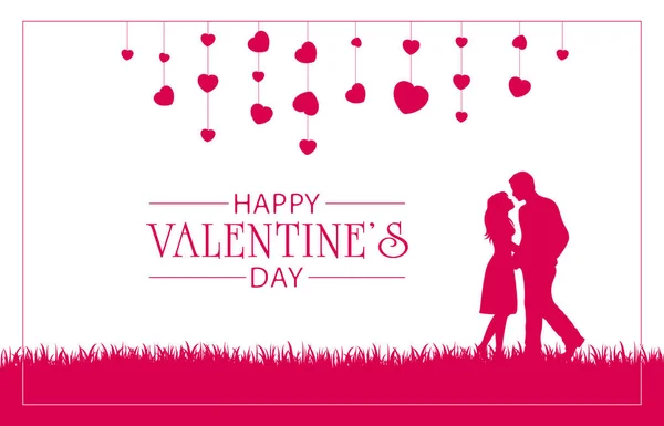 Silhouettes Roses Couple Heureux Cœurs Lettrage Joyeuse Saint Valentin Illustration — Image vectorielle