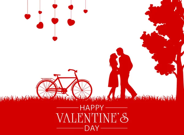 红色背景 有一对快乐的夫妇 树和自行车 让情人节快乐吧 情人节插画可用于节日设计 横幅等 — 图库矢量图片