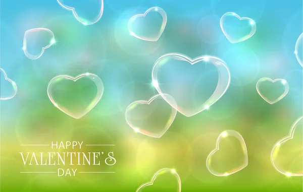 Letteren Happy Valentines Day Groene Blauwe Achtergrond Met Zeepbellen Vorm — Stockvector