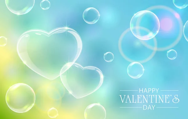 Soap Bubbles Form Valentines Hearts Green Blue Background Lettering Happy —  Vetores de Stock