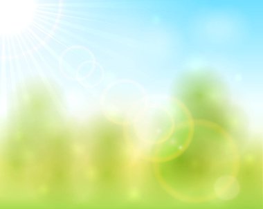 Bahar ya da yaz doğa geçmişi. Mavi gökyüzünde parlak güneş. Yaz ya da ilkbahar. Dünya Günü bayramı teması. Resimler tatil tasarımı, poster, afiş, kart, web sitesi, arkaplan için kullanılabilir.