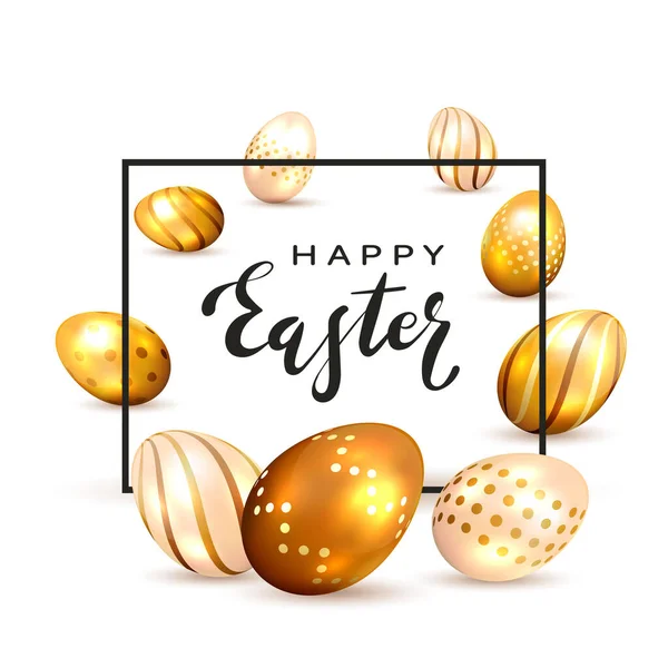 Beyaz Arka Planda Mutlu Paskalyalar Altın Paskalya Yumurtaları Harfleriyle Siyah — Stok Vektör