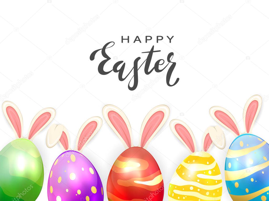 Lettering Happy Easter on white background with colored Easter eggs and rabbit ears. Illustration with holiday elements can be used for holiday design, banner and greeting cards.