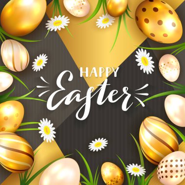 Altın ve çiçekli siyah geometrik arka plan üzerine beyaz harflerle Mutlu Paskalyalar. Bayram unsurları, bayram tasarımı, afişi, web sitesi, tebrik kartları için resim kullanılabilir.