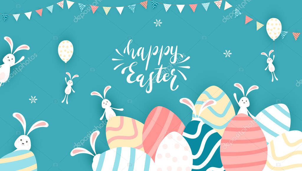 Colorful Easter eggs and cute rabbits with pennants and balloons on blue background. Lettering Happy Easter. Illustration in flat cartoon style can be used for holiday design, banners, greeting cards.