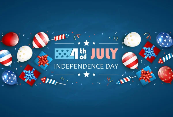 Independence Day Background Text 4Th July Balloons Gift Boxes Rocket — Stok Vektör