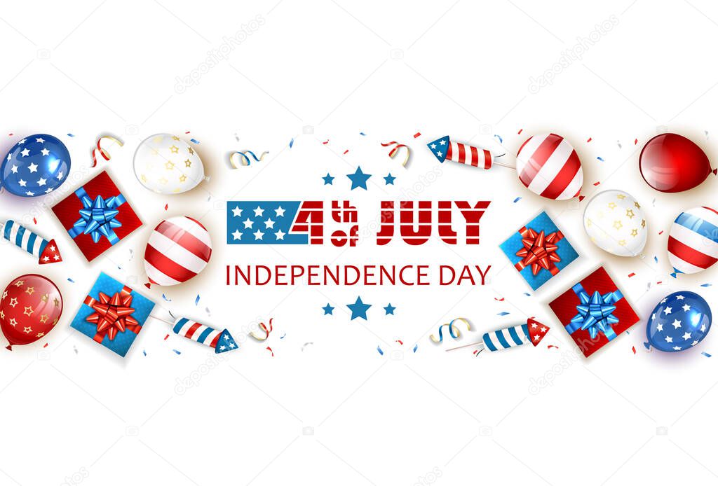 Independence day background. Text 4th of July with balloons, gift boxes and rocket fireworks. White Independence day Theme. Illustration can be used for holiday design, banners, cards, posters.