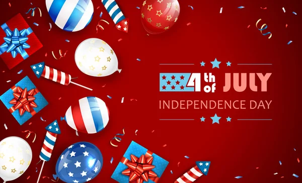 红色独立日主题 7月4日用气球 礼品盒和火箭烟花独立日背景 图解可用于假日设计 — 图库矢量图片