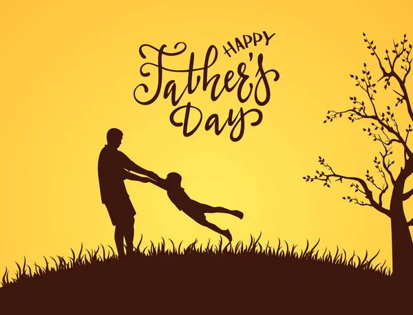 Silhouet Van Vader Zoon Met Opschrift Happy Fathers Day Het — Stockvector