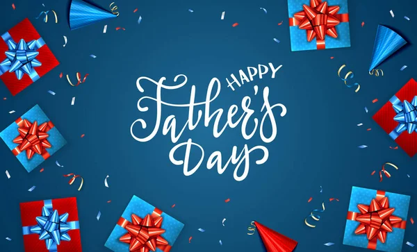 Happy Father Day Wenskaart Met Geschenkdozen Slingers Blauwe Achtergrond Het — Stockvector