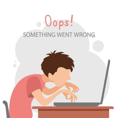 Adam bilgisayarda ya da laptopta çalışıyor ve Oops 'u görüyor! Bir şeyler ters gitti. Çocuk ders çalışıyor ya da bilgisayar oyunu oynuyor. Çizgi film tarzında güzel karakterli bir ilüzyon. Ev kavramında çalışmak.