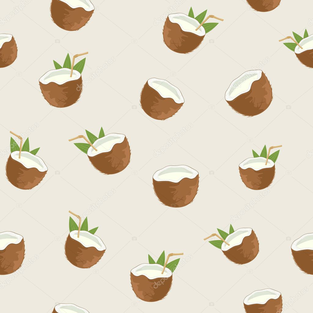 Seamless summer background with fresh coconut. Cocktail with coconut milk and straw. Illustration can be used for wallpaper design, pattern fill, web page background, wrapping paper