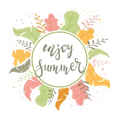 Yapraklı kart ve mesaj. İyi tatiller. Egzotik orman bitkileri. Pastel renkte modern soyut çiçek tasarımı. Kağıt, kapak, kartlar, posterler, afişler, giyim tasarımı ve diğer kullanıcılar için illüstrasyon 