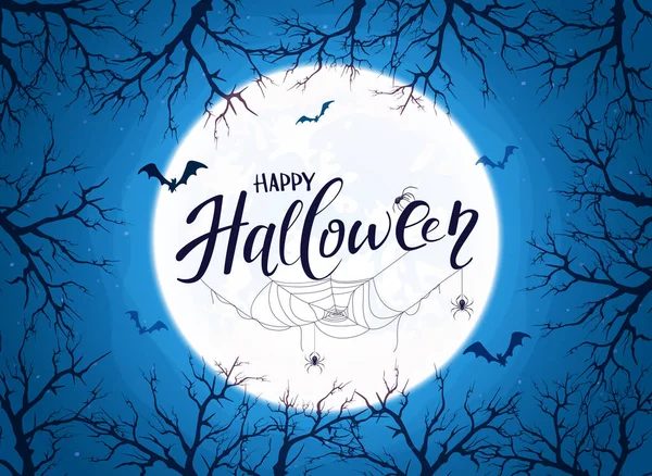 Lettering Feliz Halloween Sobre Fondo Azul Con Grandes Árboles Hormigas — Vector de stock