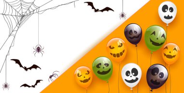 Örümcek ağı üzerinde örümcek ağı, yarasalar ve turuncu, beyaz, siyah, yeşil balonlar, turuncu ve beyaz arka planda korkutucu gülümsemeler. Çocukların tatil tasarımı, dekorasyonu, kartı, afişi için resim