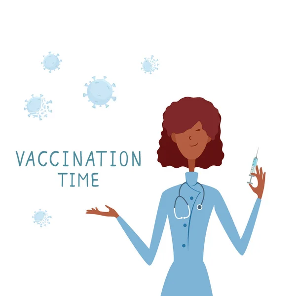 Kadın Doktor Covid Salgını Aşı Zamanı Konsepti Şırıngalı Şirin Hemşire — Stok Vektör