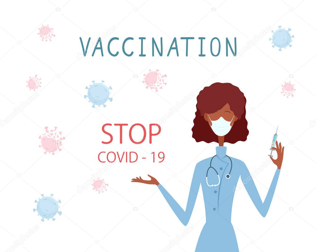 Woman doctor in medical mask. COVID-19 pandemic. Vaccination time concept. Cute nurse with syringe is vaccinating. A female medical healthcare professional. Illustration for medical theme, vaccination