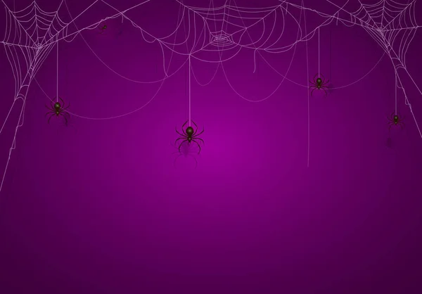 Paarse Halloween Achtergrond Banner Met Enge Zwarte Spinnen Spinnenwebben Illustratie — Stockvector