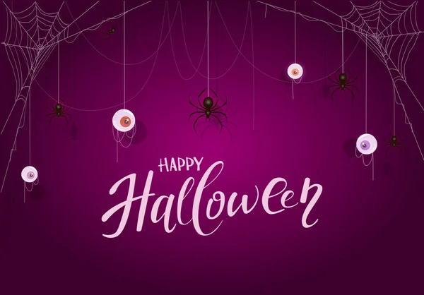 Texto Feliz Halloween Fundo Roxo Banner Com Olhos Assustadores Aranhas — Vetor de Stock