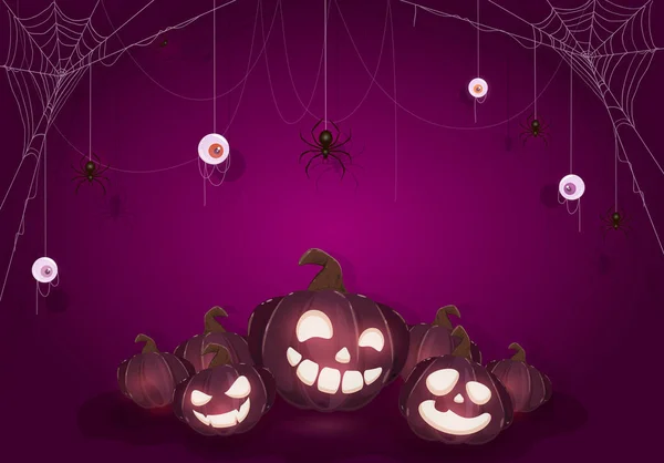 Halloween Purple Background Banner Pumpkins Scary Eyes Black Spiders Cobwebs — Stock Vector