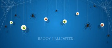 Mutlu Cadılar Bayramı 'nı mavi pankarta korkunç gözlerle ve örümcek ağlarında siyah örümceklerle yaz. Resimler tatil kartları, arka planlar, çocuk giyimi tasarımı, davetiyeler ve afişler için kullanılabilir.