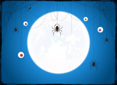 Dolunay mavi gökyüzü arka planında. Korkunç gözleri ve örümcek ağlarında siyah örümcekleri olan afiş. Resimler tatil kartları, arka planlar, çocuk tasarımı, davetiyeler ve afişler için kullanılabilir.