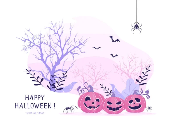 Calabazas Sonrientes Sobre Fondo Rosa Halloween Tarjeta Con Jack Lanterns — Vector de stock