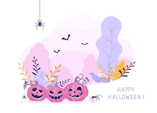 Calabazas Sonrientes Sobre Fondo Rosa Halloween Banner Con Jack Lanterns — Vector de stock
