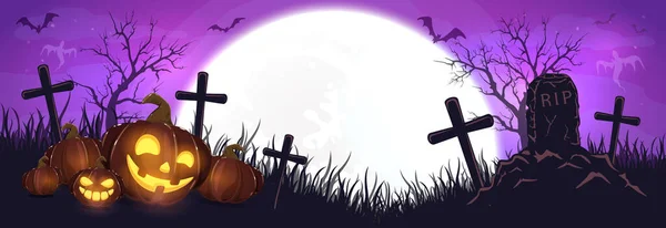 Calabazas Halloween Cementerio Fondo Púrpura Noche Banner Con Jack Linternas — Vector de stock