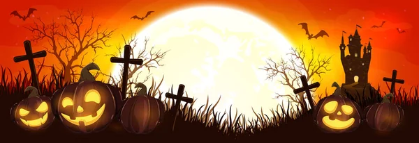 Abóboras Halloween Cemitério Fundo Noite Laranja Banner Com Jack Lanternas — Vetor de Stock