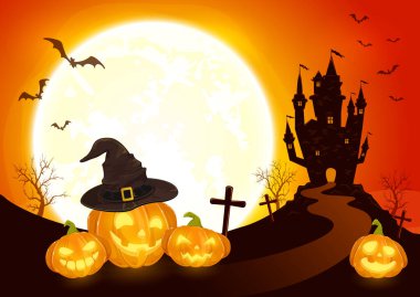 Cadı şapkalı balkabakları. Turuncu Ay arka planında. Karanlık, korkunç şatosu olan. Fenerler, yarasalar ve örümceklerle dolu tatil kartı. Çizgi film stili illüstrasyon, bayram kartları ve afişler için kullanılabilir