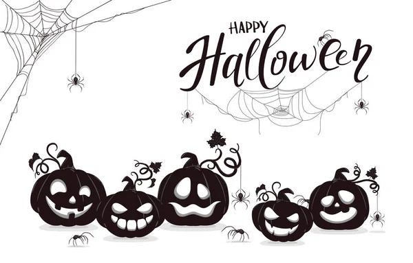 Banner Halloween Con Siluetas Negras Calabazas Sonrientes Arañas Aisladas Sobre — Archivo Imágenes Vectoriales