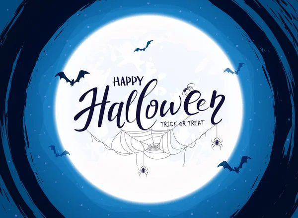 Lettering Happy Halloween Sfondo Blu Con Grande Luna Elementi Grunge — Vettoriale Stock