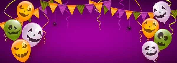 Banner Con Globos Anaranjados Blancos Verdes Con Sonrisas Aterradoras Banderines — Vector de stock