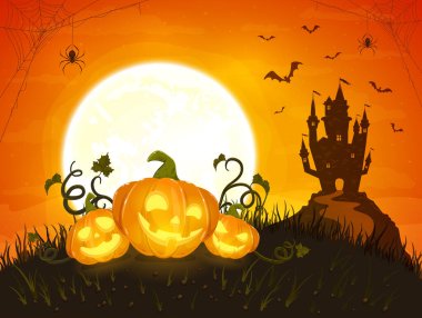 Turuncu arka planda üç mutlu balkabağı Ay ve karanlık korkutucu kale. Fenerler, yarasalar ve örümceklerle dolu tatil kartı. Çizgi film stili illüstrasyon, bayram kartları ve afişler için kullanılabilir
