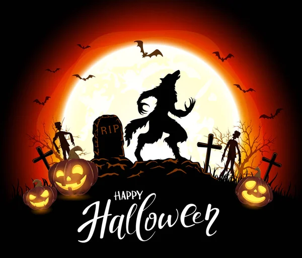 Lettering Happy Halloween Lobisomem Cemitério Fundo Laranja Com Lua Abóboras —  Vetores de Stock