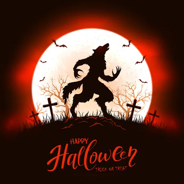 Lua Fundo Vermelho Preto Com Letras Feliz Halloween Lobisomem Assustador — Vetor de Stock