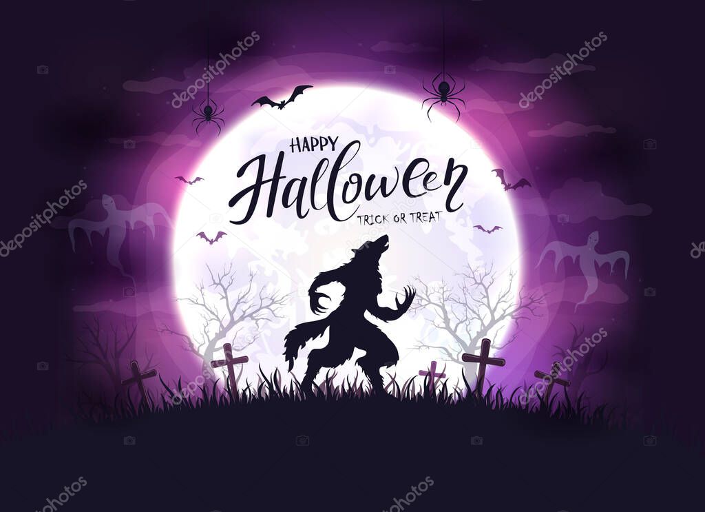 Lettering Happy Halloween and scary werewolf in cemetery on purple background with big Moon. Illustration with monster silhouette can be used for holiday Halloween design, decorations, cards, banners