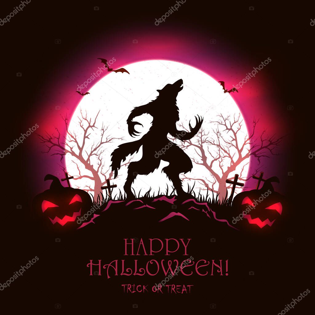 Lettering Happy Halloween with scary werewolf in cemetery and pumpkins on red Moon background. Illustration with monster silhouette can be used for holiday Halloween design, decorations, cards, banner