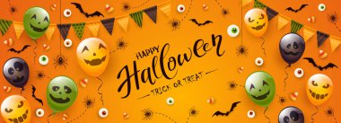 Mutlu Cadılar Bayramı afişleri. Siyah örümcekler, yarasalar, gözler ve turuncu arka planda korkunç gülümsemeleri olan Cadılar Bayramı balonları. Çocuk tatil tasarımı, dekorasyon, kartlar, afişler, şablon.