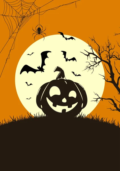 Silhouette Med Smilende Gresskar Oransje Halloween Bakgrunn Med Fullmåne Kort – stockvektor