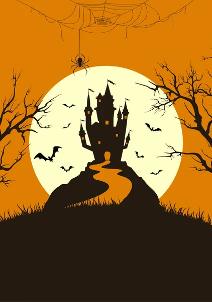 Σιλουέτα Τρομακτικό Κάστρο Πορτοκαλί Φόντο Φεγγάρι Κάρτα Διακοπών Νυχτερίδες Και — Διανυσματικό Αρχείο