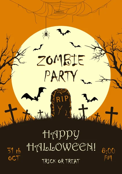 Zombie Party Beletteren Oranje Halloween Achtergrond Met Silhouet Van Grafsteen — Stockvector