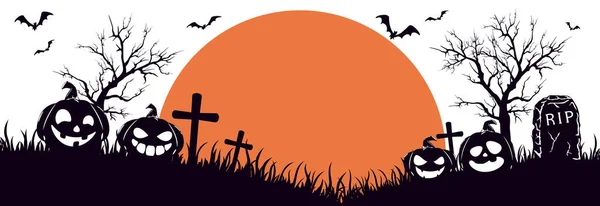 Silhouette Von Halloween Kürbissen Auf Dem Friedhof Orange Moon Auf — Stockvektor