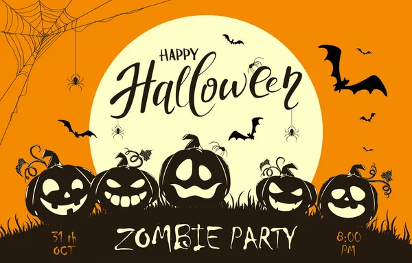 Banner Mit Schriftzug Zombie Party Auf Orangefarbenem Halloween Hintergrund Mit — Stockvektor