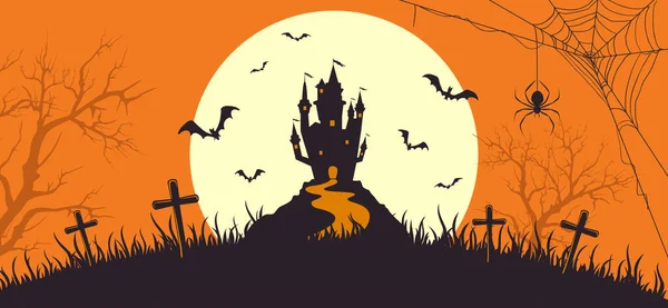 Banner Halloween Con Silueta Castillo Miedo Sobre Fondo Naranja Con — Vector de stock