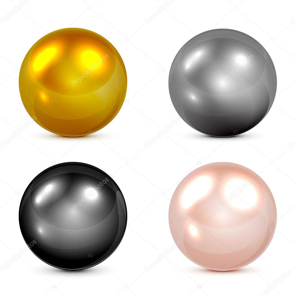 Set of metallic spheres and pearls isolated on white background, illustration.