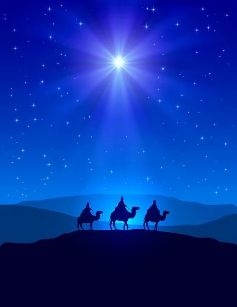 Estrella de Navidad en el cielo azul y tres hombres sabios — Vector de stock