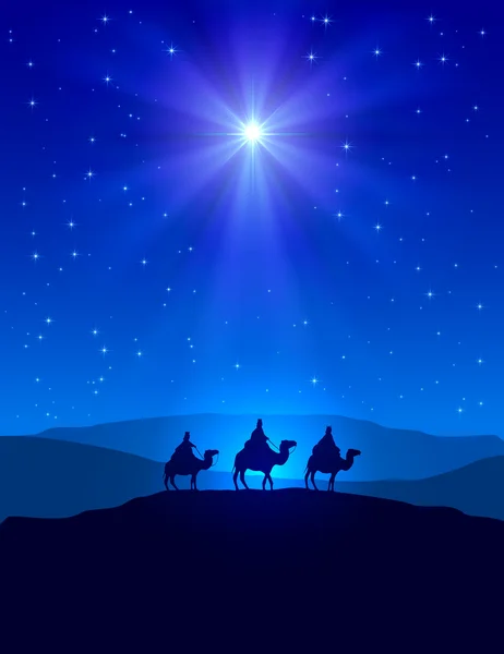 Αστέρι της Βηθλεέμ στο γαλάζιο του ουρανού και των τριών σοφών ανδρών Εικονογράφηση Αρχείου